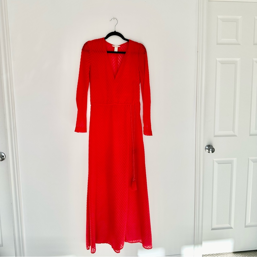 H&M red sheer maxi dress with chevron detail.